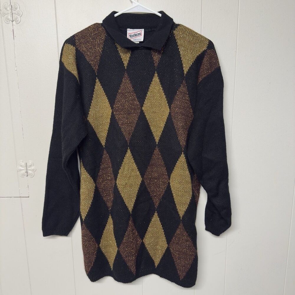 Vtg Mathias Metallic Collared Diamond Argyle Pattern Sweater USA Made Women M